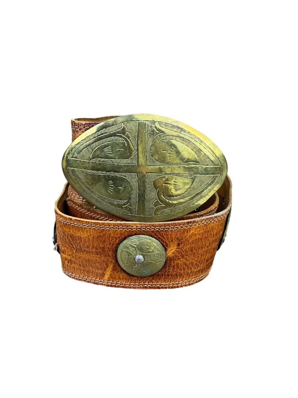 Vintage Mens Brown Leather Belt Brass Buckle Cross Design Adjustable  Sz 32